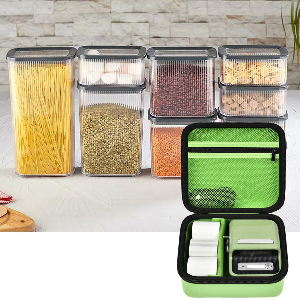 Open bright green for NIIMBOT label maker case organizing a printer and accessories in a kitchen