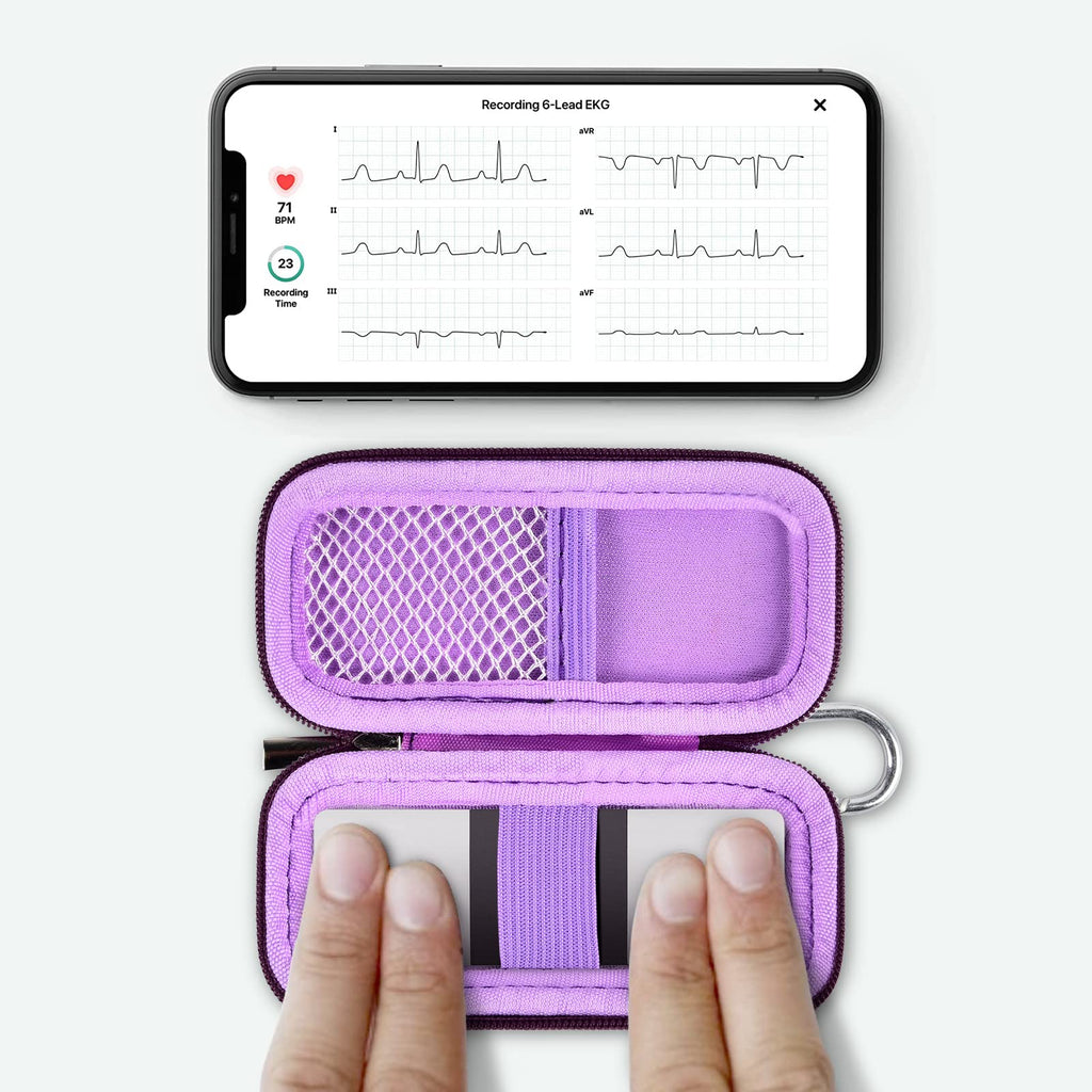 for KardiaMobile 6L device used inside the open purple travel case without removal
