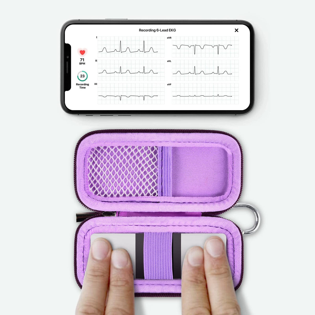 for KardiaMobile 6L device used inside the open purple travel case without removal