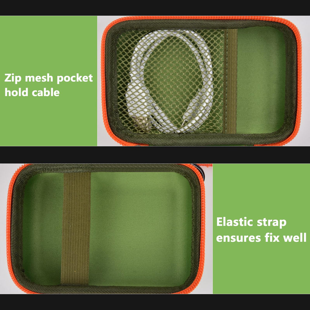Dark green and orange speaker case interior with mesh cable pocket and elastic strap holding a for JBL Go speaker