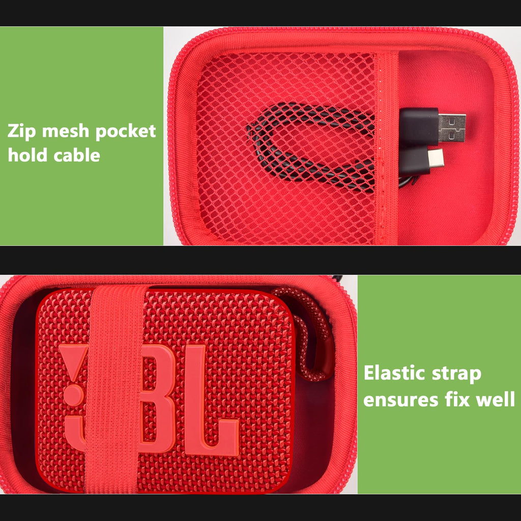 Red speaker case interior with mesh cable pocket and elastic strap holding a for JBL Go speaker