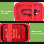 Red speaker case interior with mesh cable pocket and elastic strap holding a for JBL Go speaker