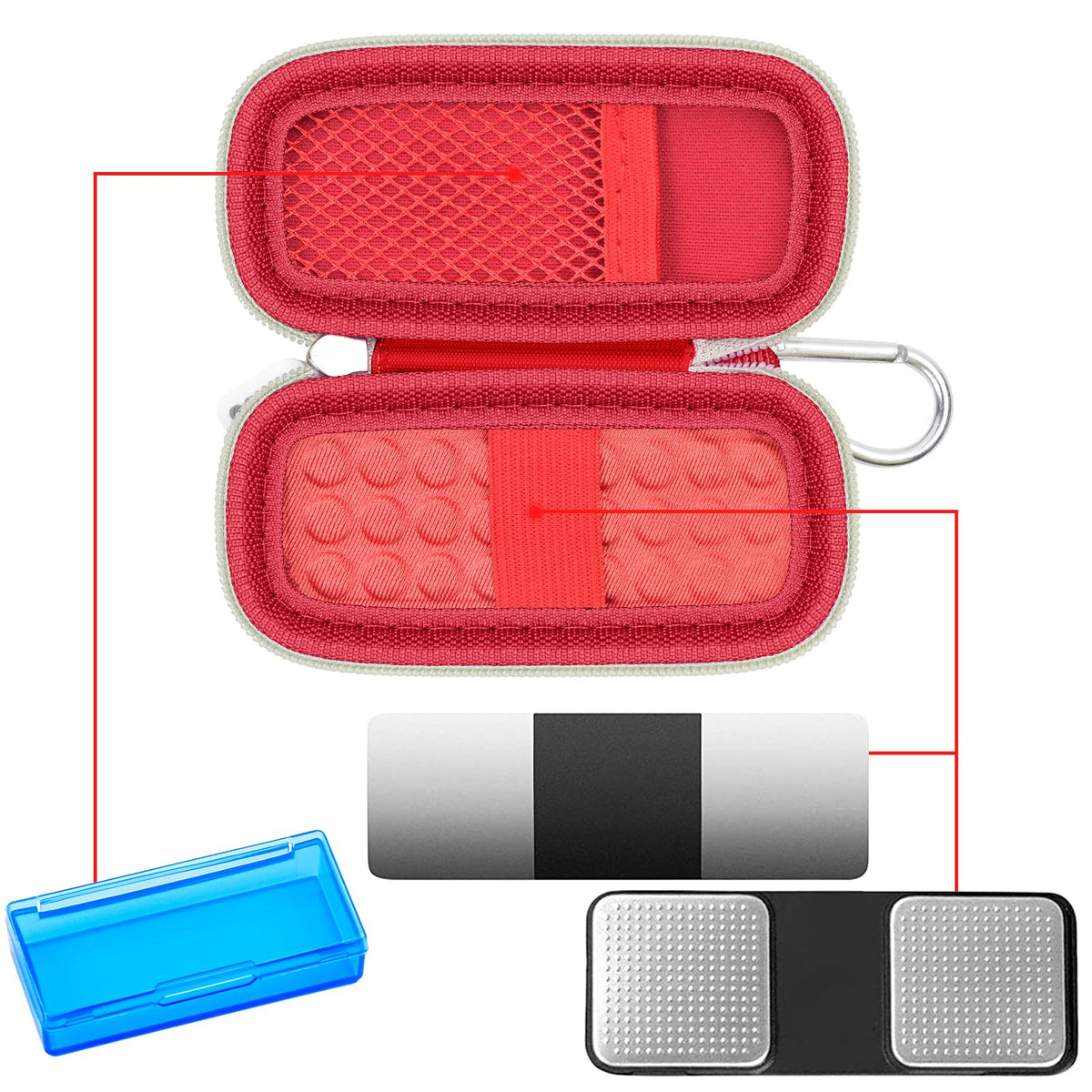Open red for KardiaMobile case with mesh pocket, sensor area, and accessory compartments