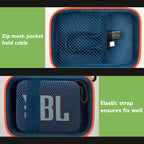 Blue and orange speaker case interior with mesh cable pocket and elastic strap holding a for JBL Go speaker