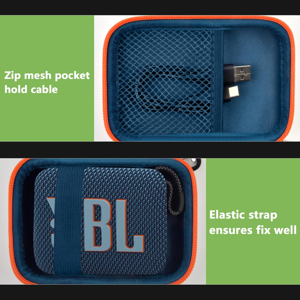 Blue and orange speaker case interior with mesh cable pocket and elastic strap holding a for JBL Go speaker