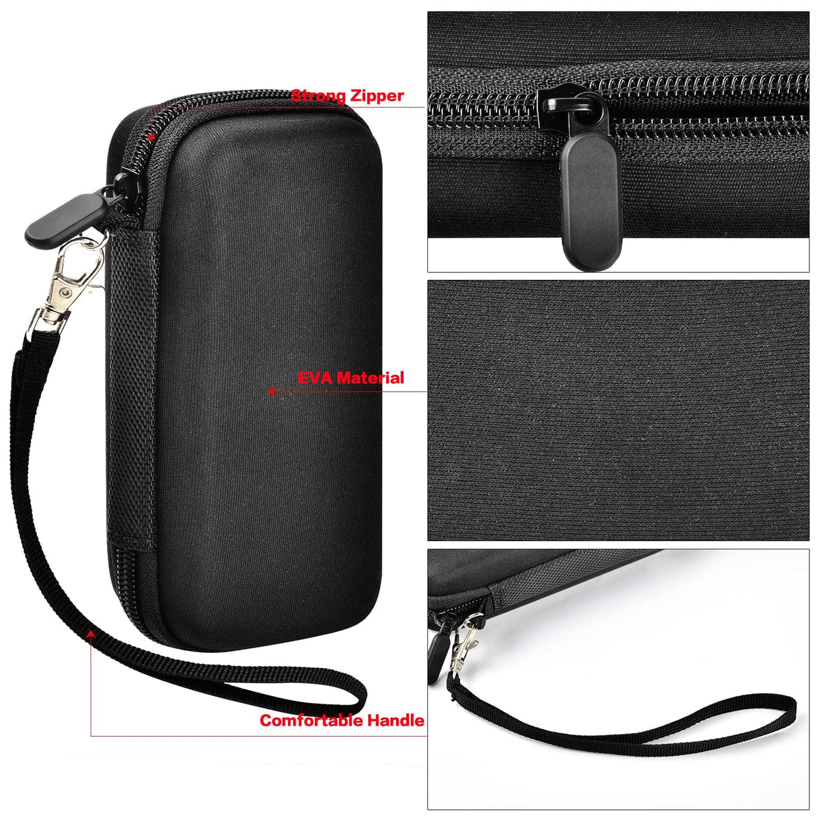Black EVA power bank case with strong zipper, protective shell, and comfortable wrist strap