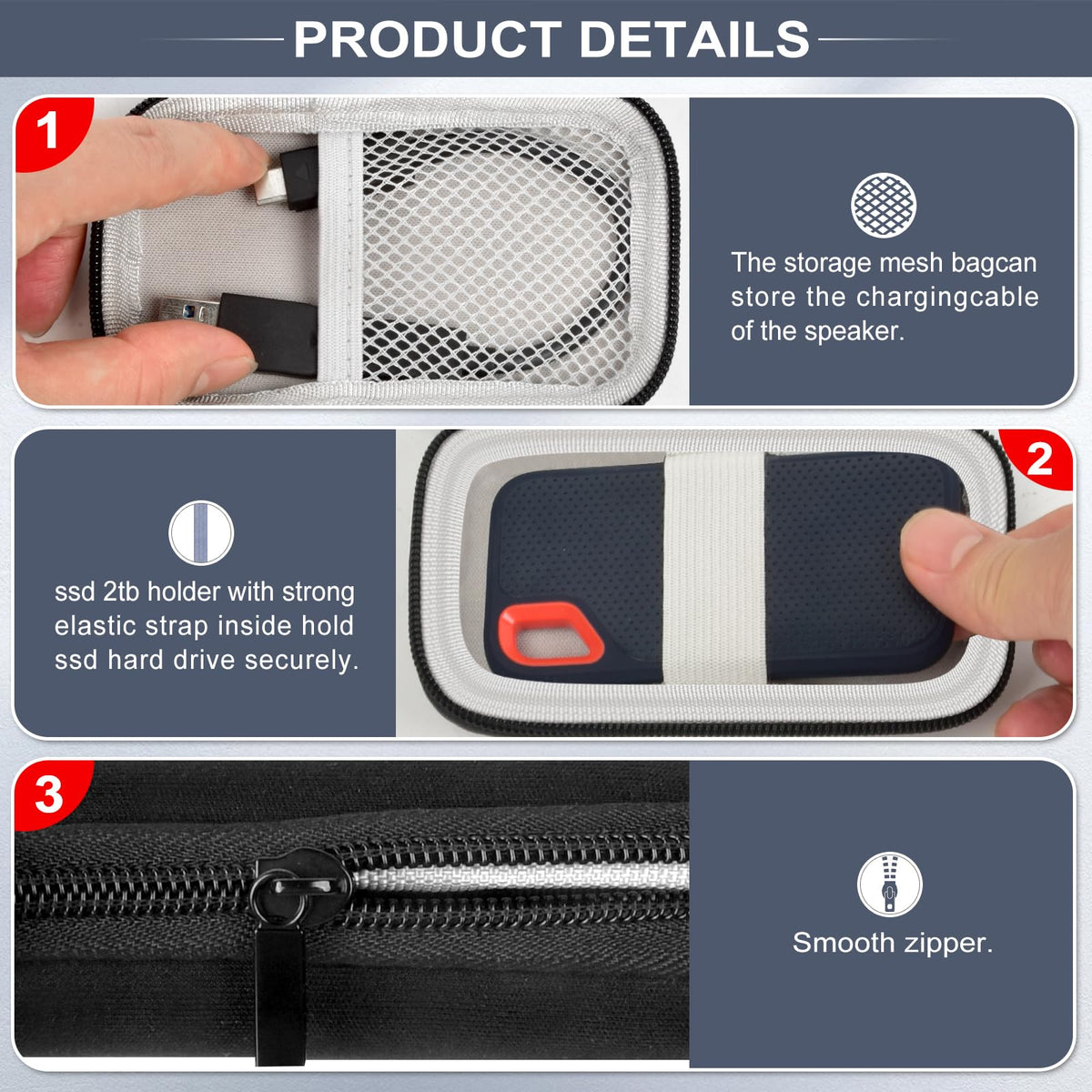 Black for SanDisk SSD case product details including mesh pocket, elastic strap, and smooth zipper