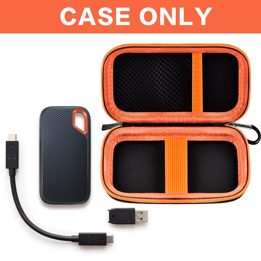 Open black and orange for SanDisk SSD case with drive, cable, and memory cards; case only