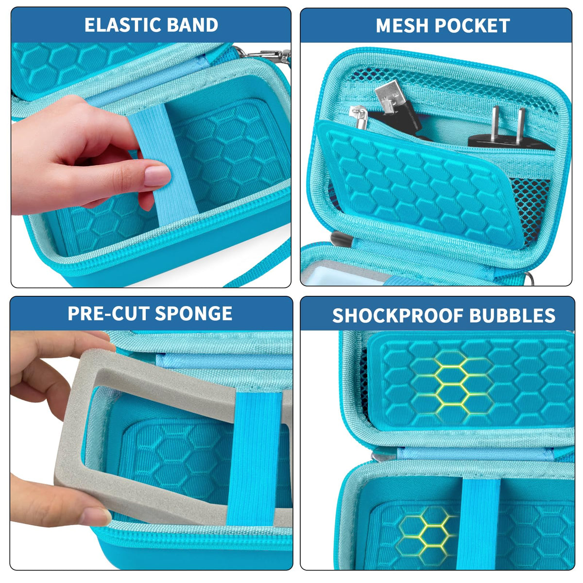 Teal camera case with shockproof PU shell, splash resistance, and strong zipper