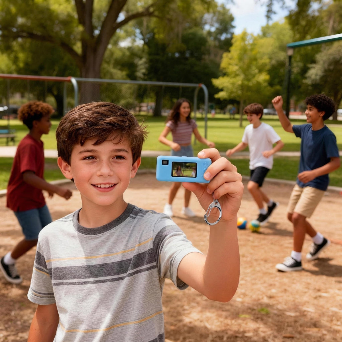 Light blue silicone case for Kodak Charmera keychain camera shown with a child using the keychain camera outdoors
