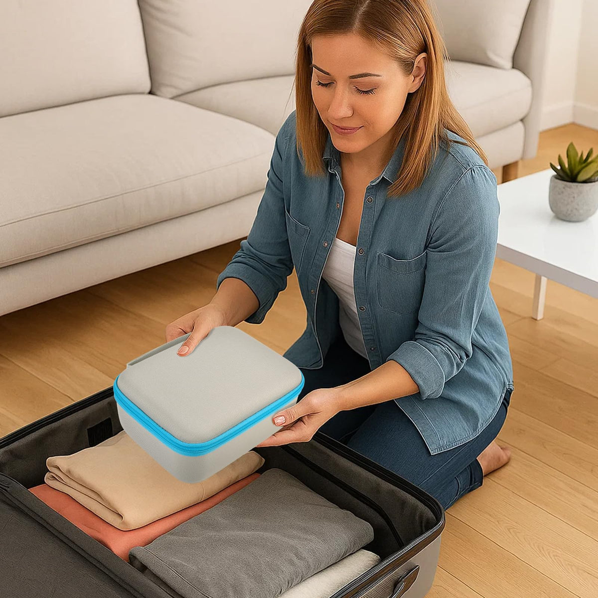 Woman packing the gray and blue label maker case into a suitcase
