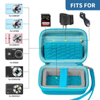 Open teal compact camera case shown with compatible for Kodak, for Canon, and for Sony cameras