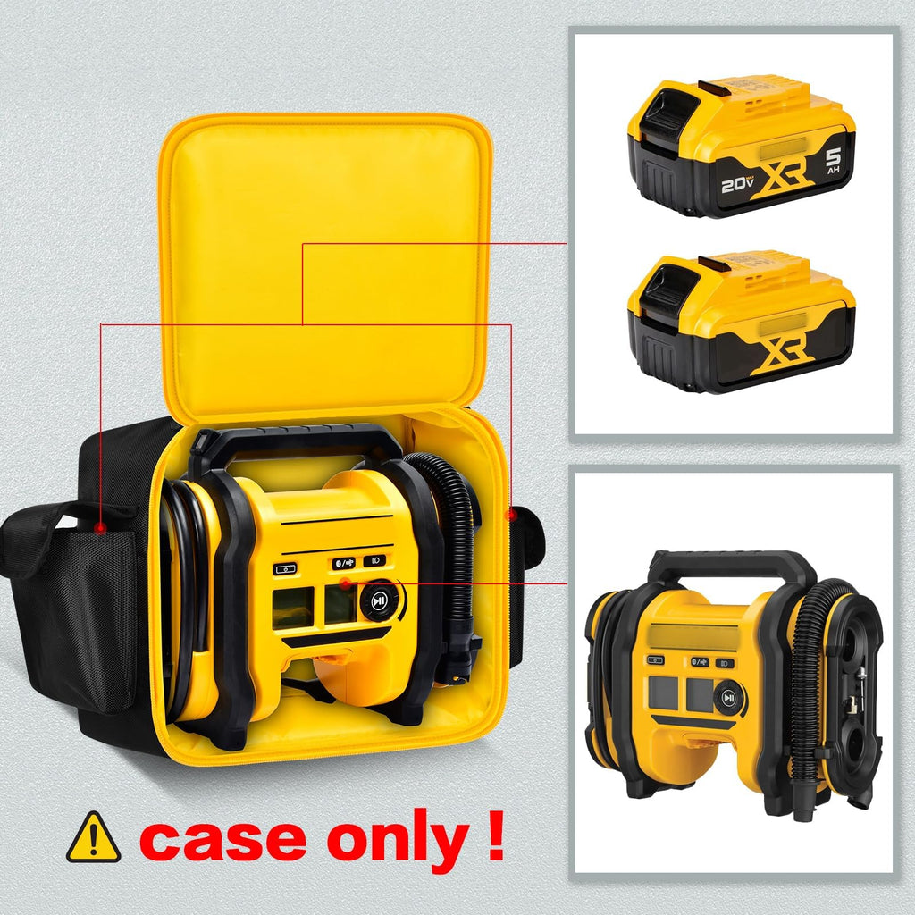 Open yellow-lined carrying case fitted around a for DEWALT tire inflator; case only