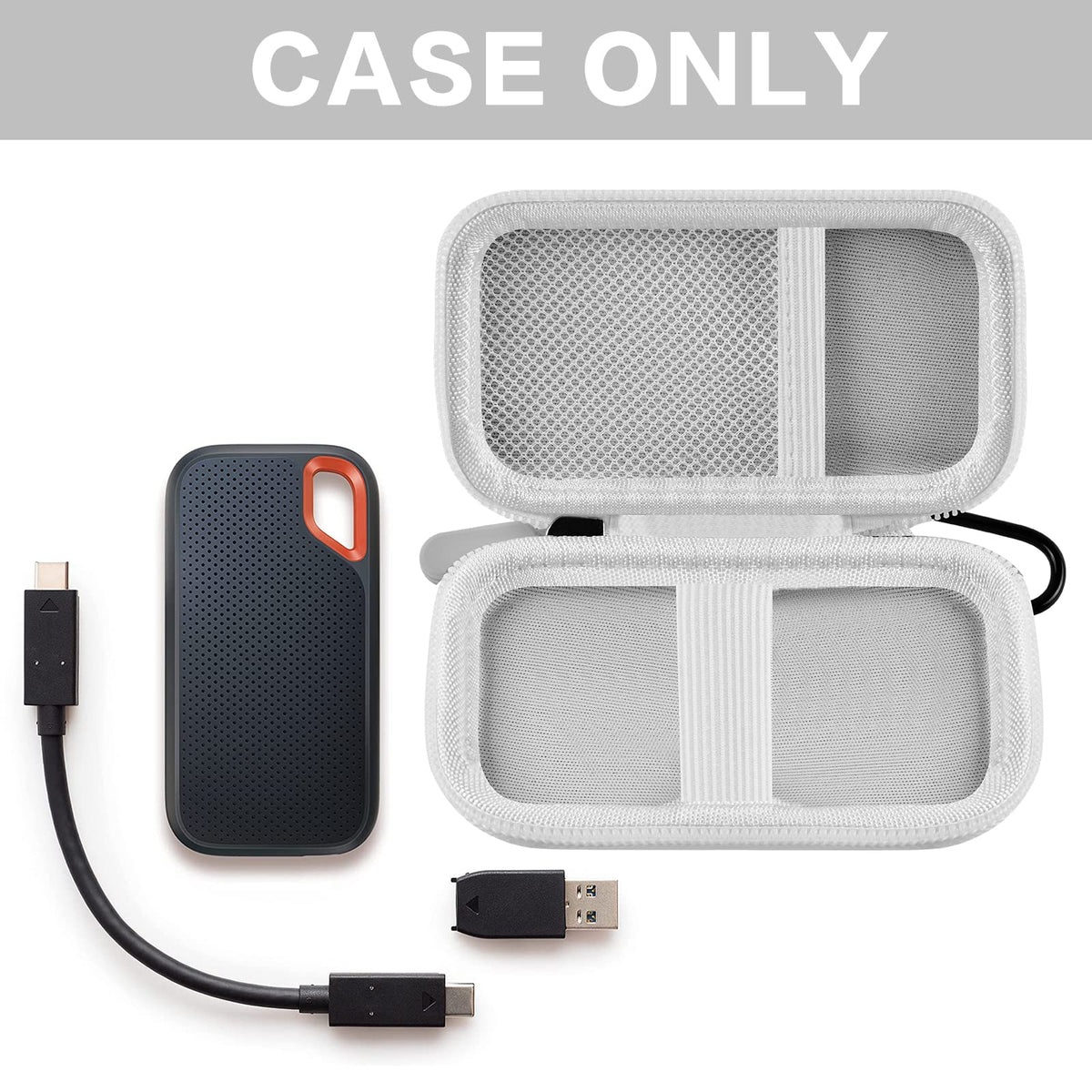 Open white for SanDisk SSD case with portable drive and cable; case only