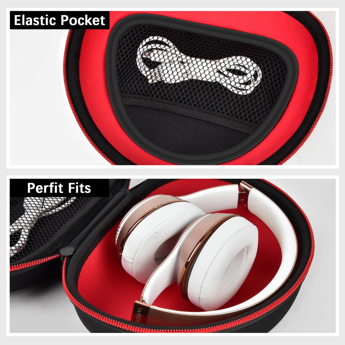 Black and red headphone case with elastic mesh pocket and folded over-ear headphones inside