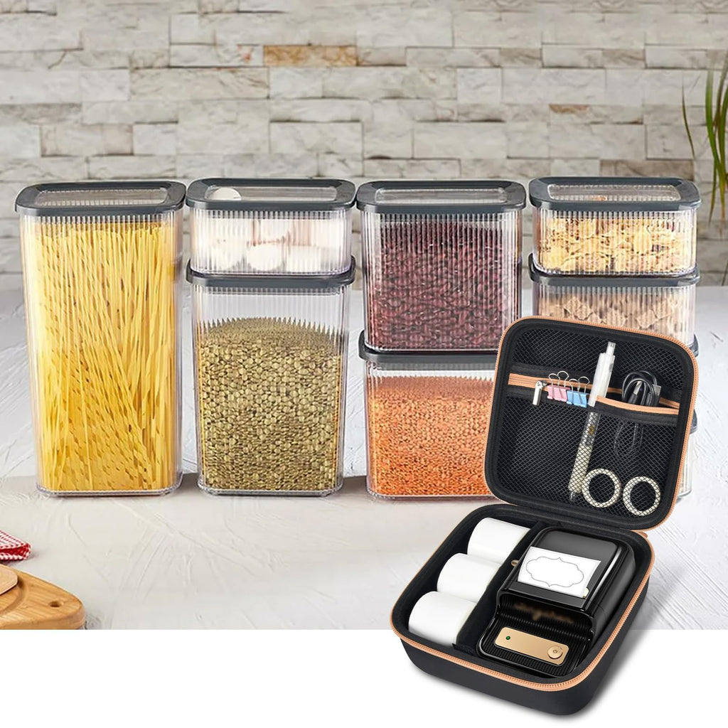 Open black and tan for NIIMBOT label maker case organizing a printer and accessories in a kitchen
