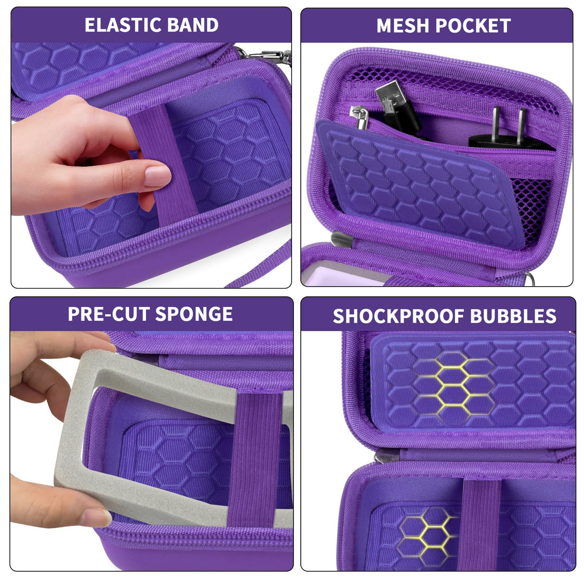 Purple camera case with shockproof PU shell, splash resistance, and strong zipper