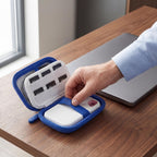Hand placing a for SanDisk portable SSD into the open white organizer case