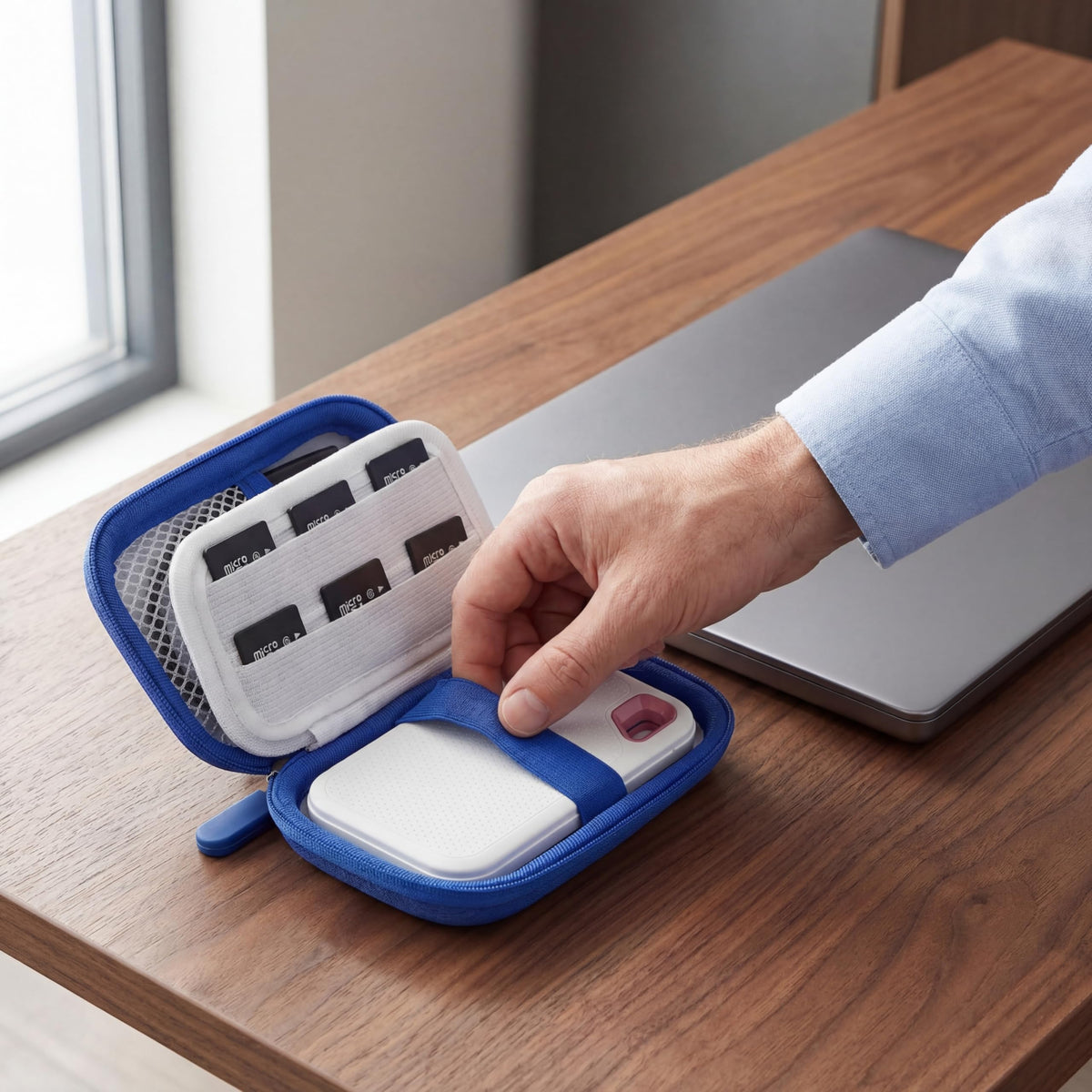 Hand placing a for SanDisk portable SSD into the open white organizer case