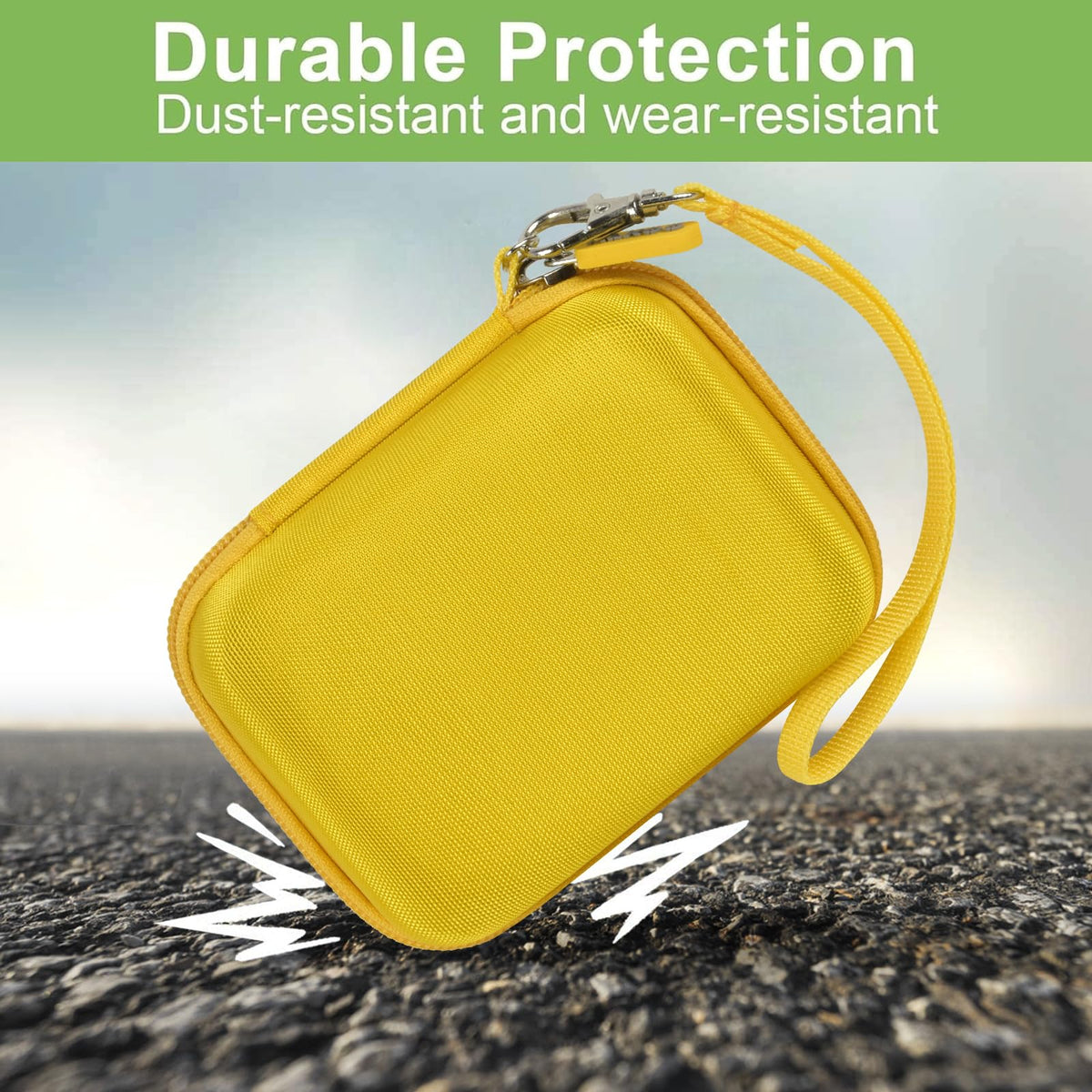 Yellow protective digital camera case dust- and wear-resistant protection demonstration