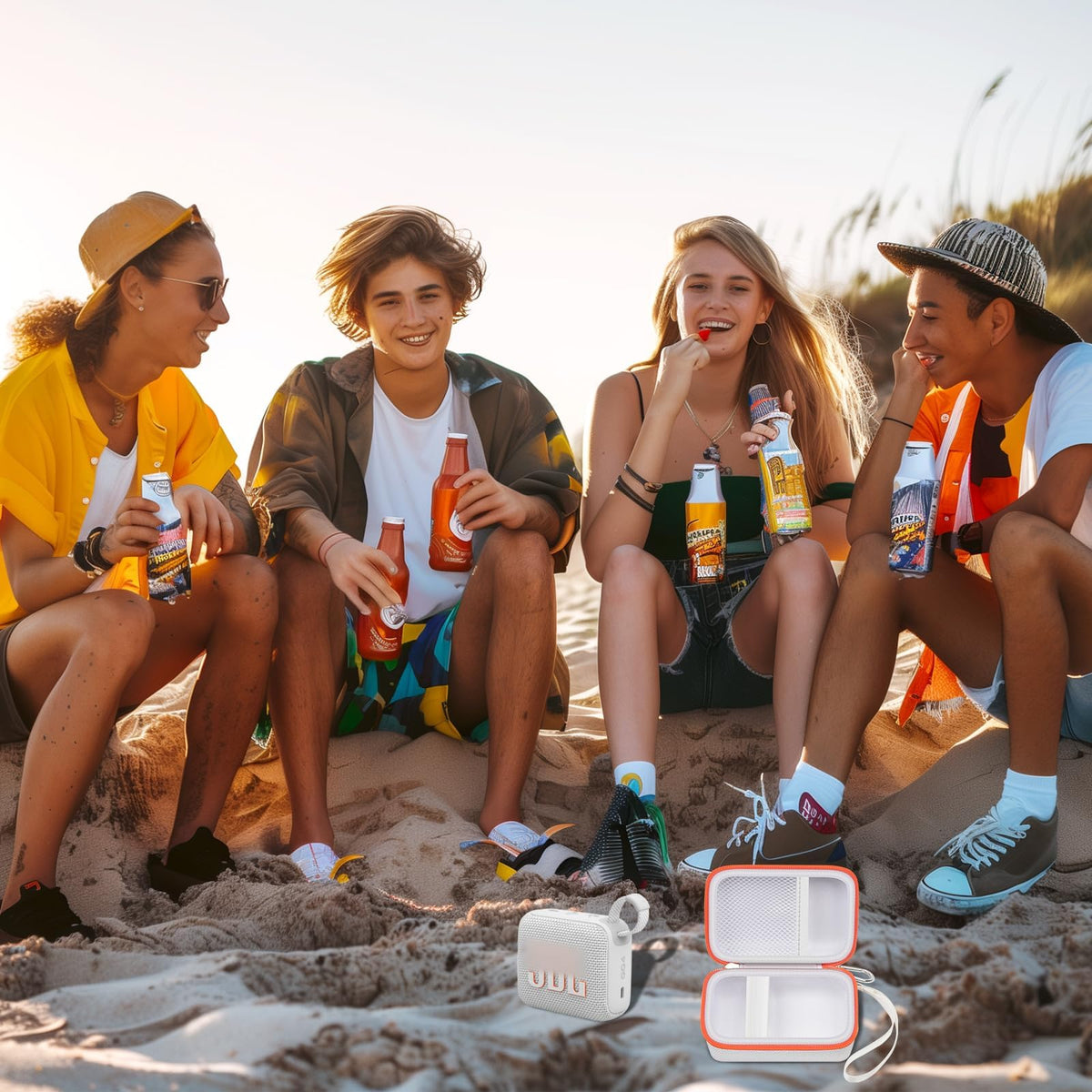 Friends using a for JBL Go speaker with the open white and orange travel case at the beach