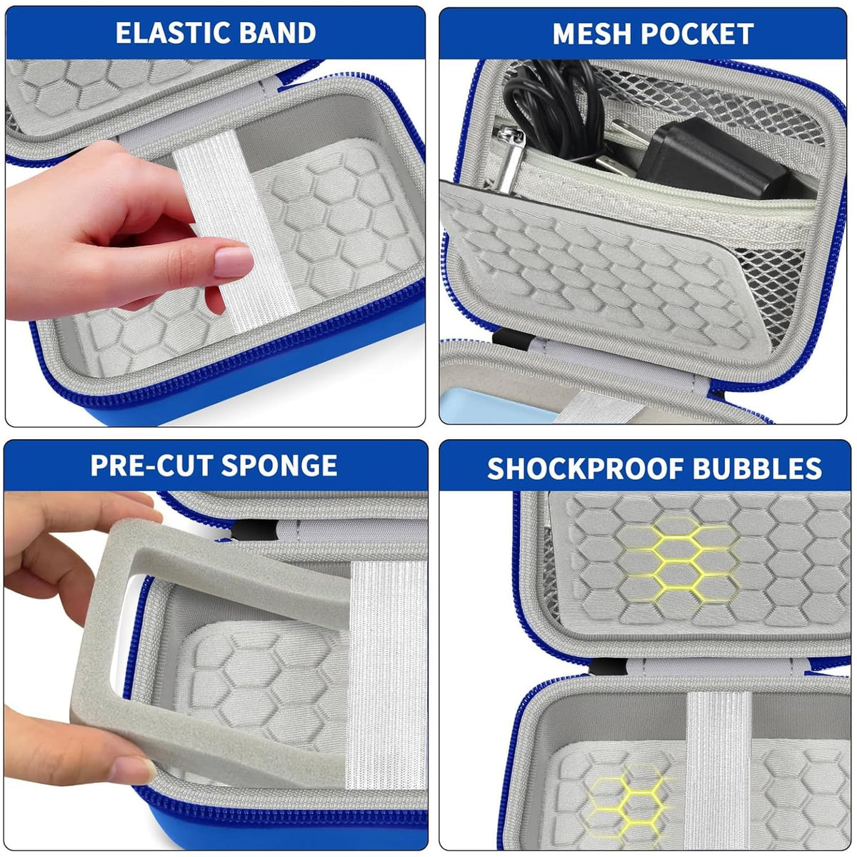 Blue camera case interior with elastic strap, mesh pocket, foam insert, and shock-absorbing padding