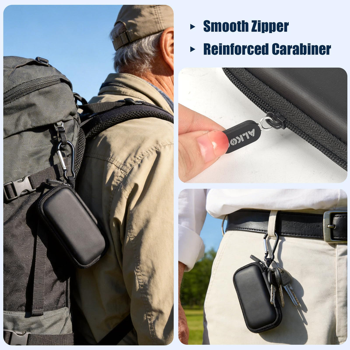 Black for KardiaMobile case attached to a backpack with reinforced carabiner