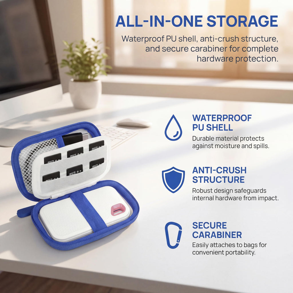 Open for SanDisk SSD organizer showing water-resistant shell, anti-crush structure, and secure carabiner