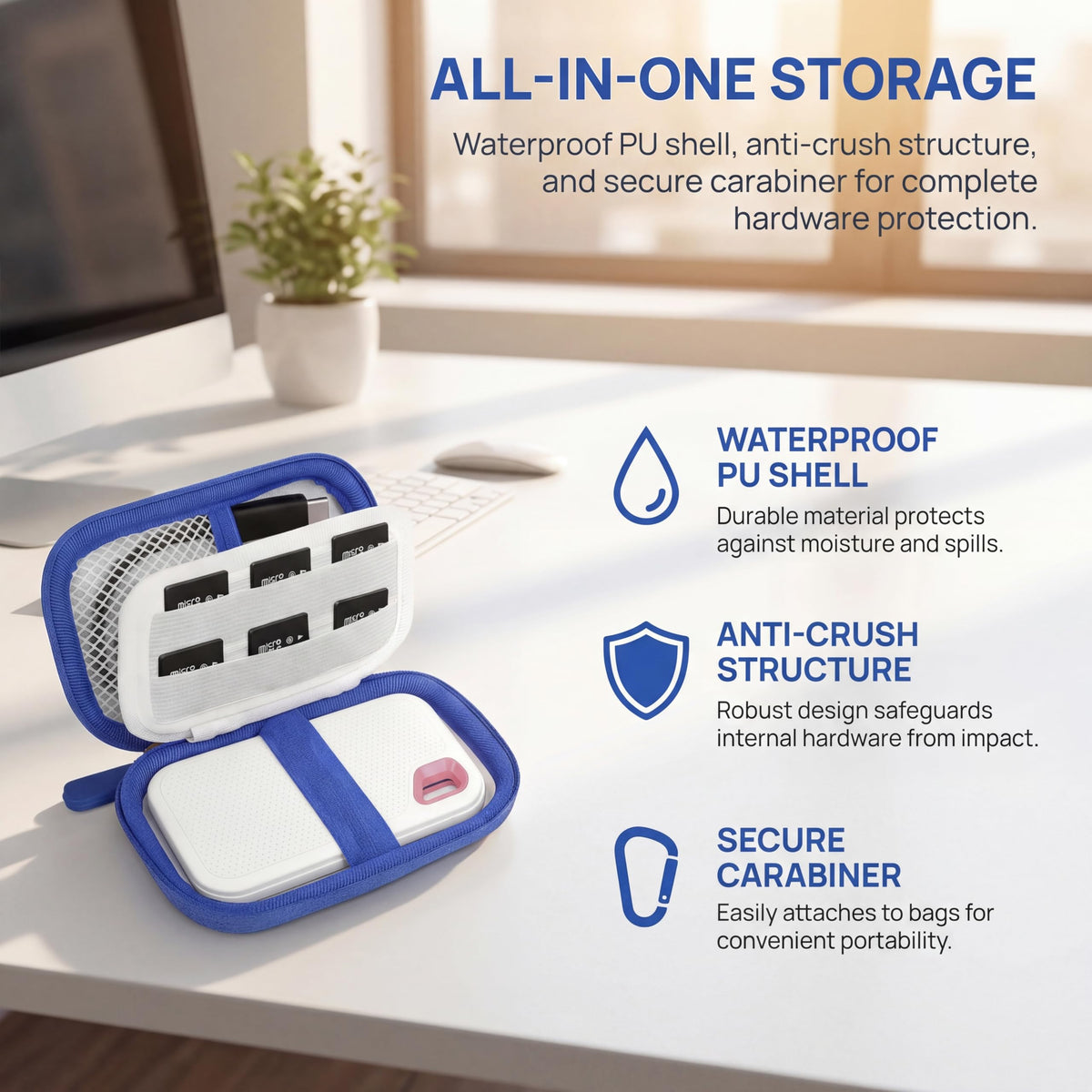 Open for SanDisk SSD organizer showing water-resistant shell, anti-crush structure, and secure carabiner