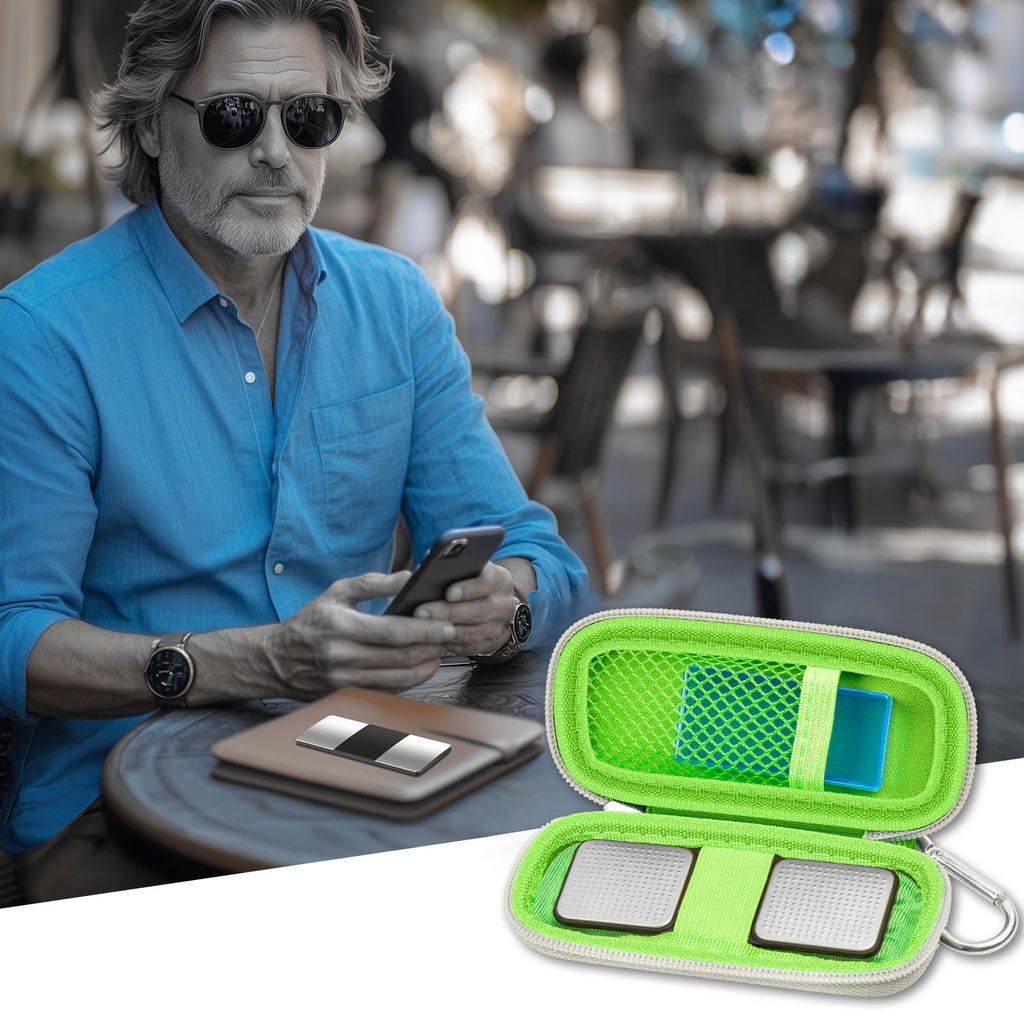 Man checking heart rhythm results beside the open green for KardiaMobile organizer
