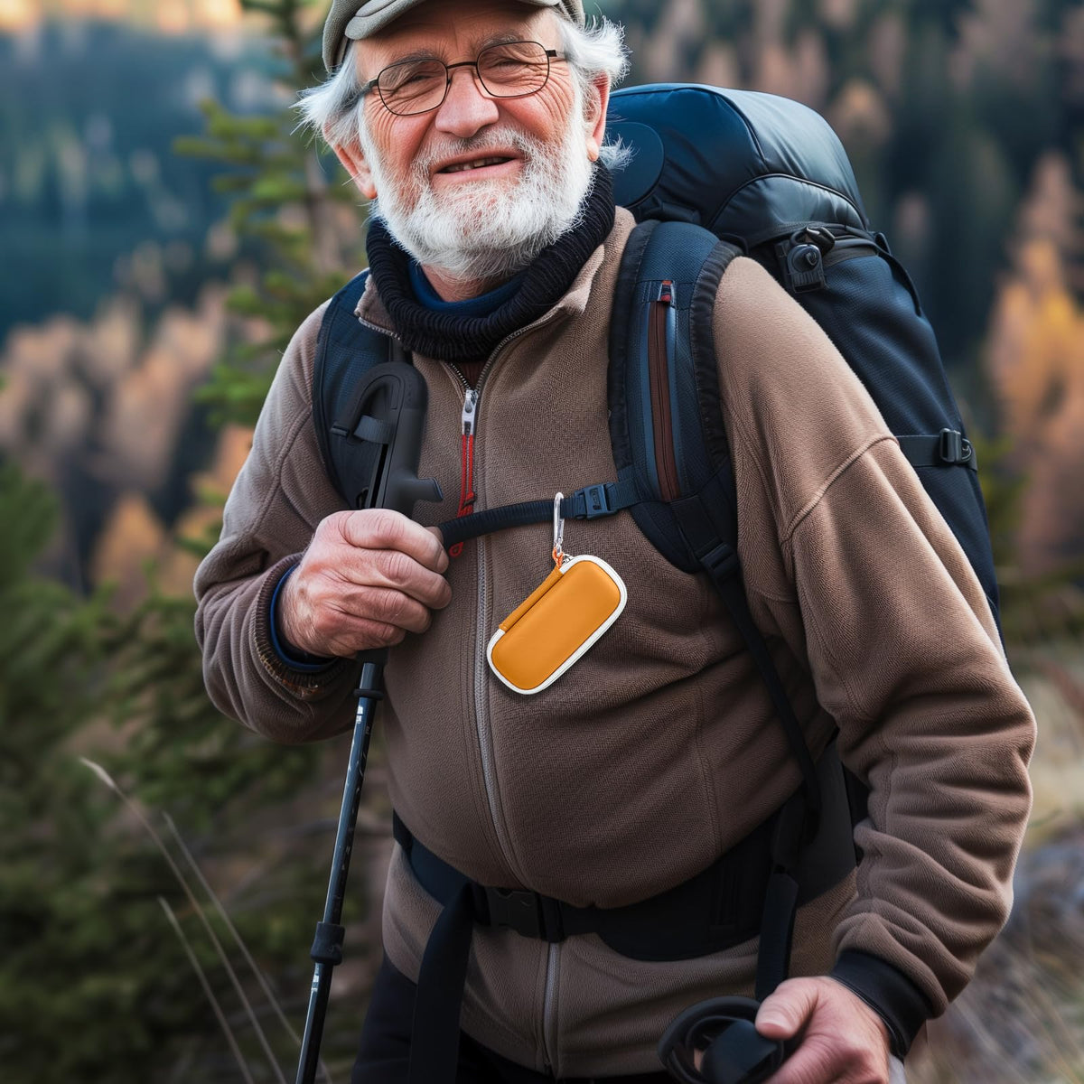 Hiker carrying the orange for KardiaMobile case on a backpack strap