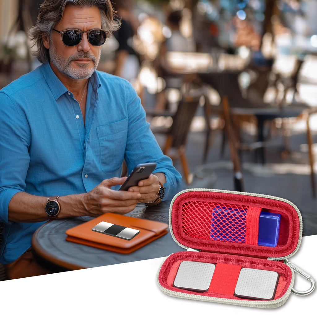 Man checking heart rhythm results beside the open red for KardiaMobile organizer