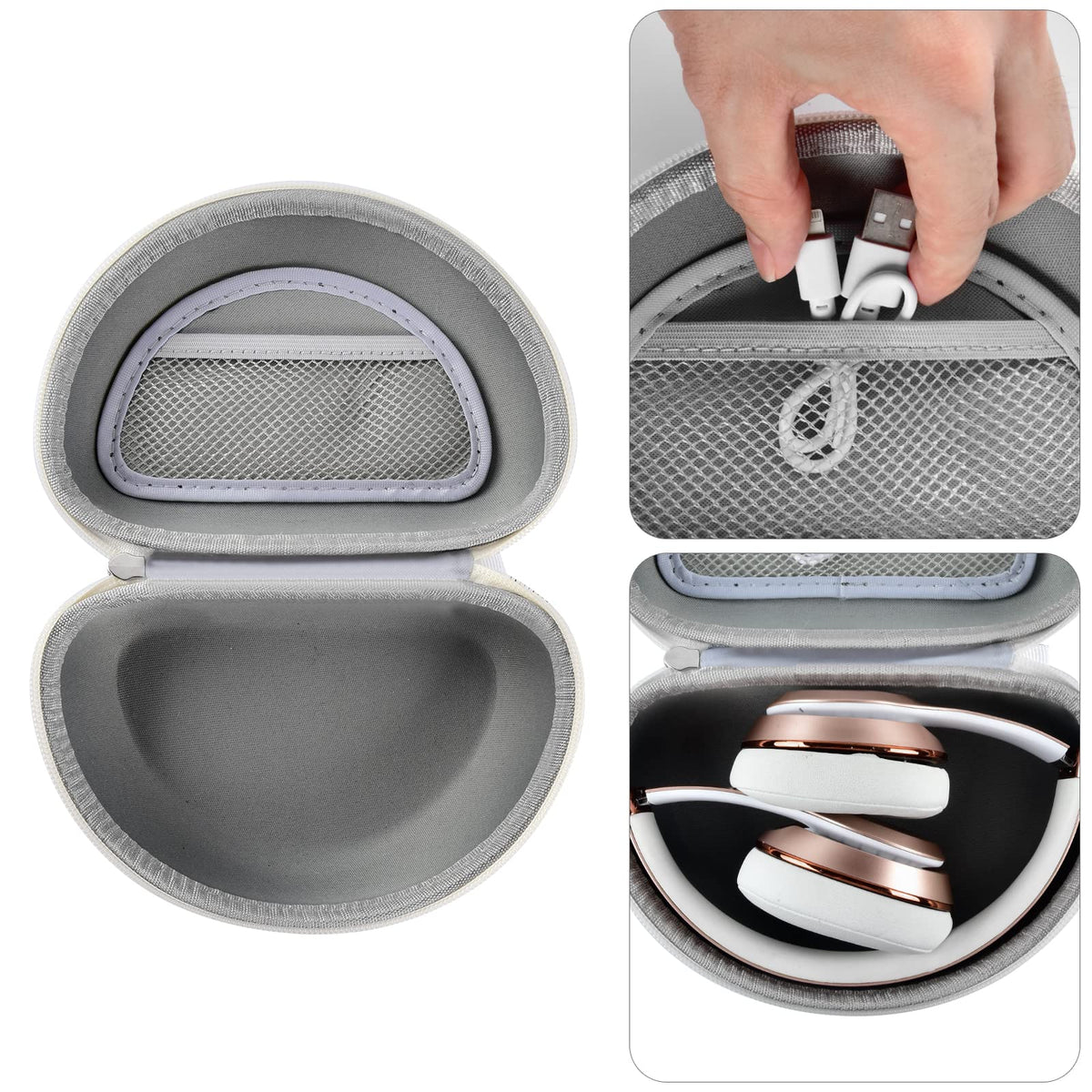 Open white headphone case with mesh accessory pocket and folded over-ear headphones
