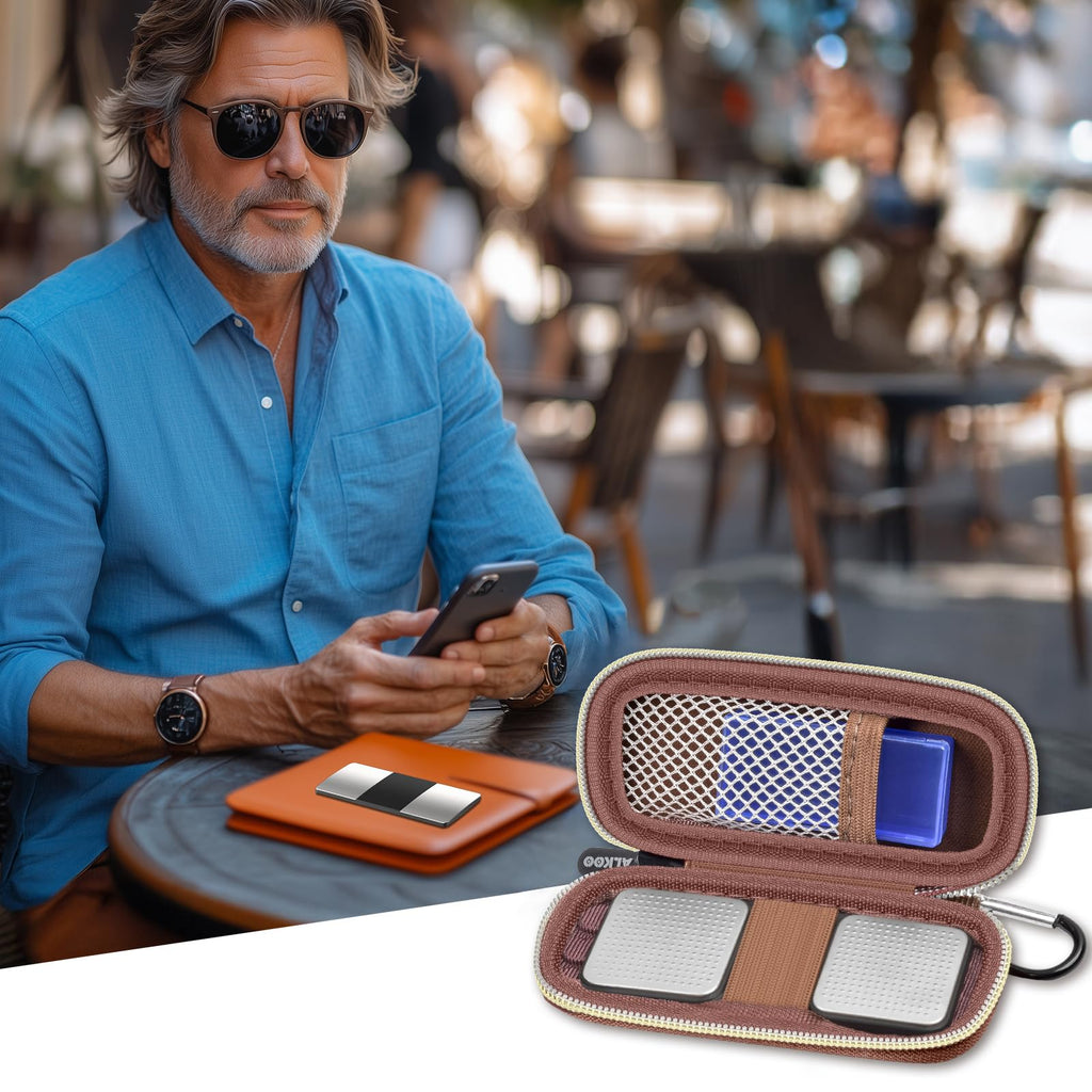 Man checking heart rhythm results beside the open rose gold for KardiaMobile organizer