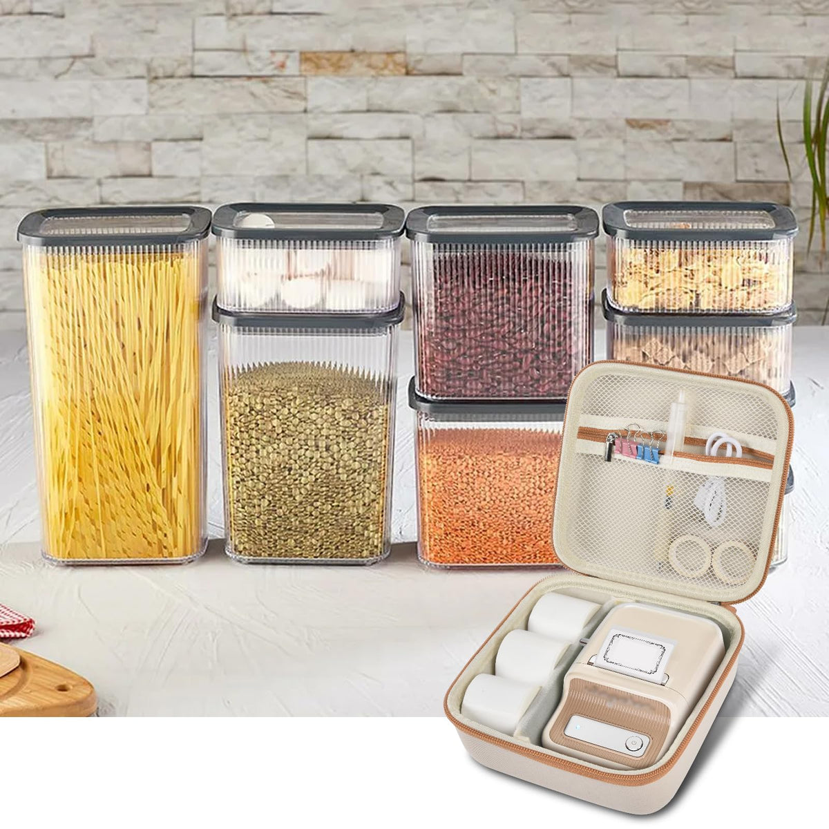 Open beige for NIIMBOT label maker case organizing a printer and accessories in a kitchen