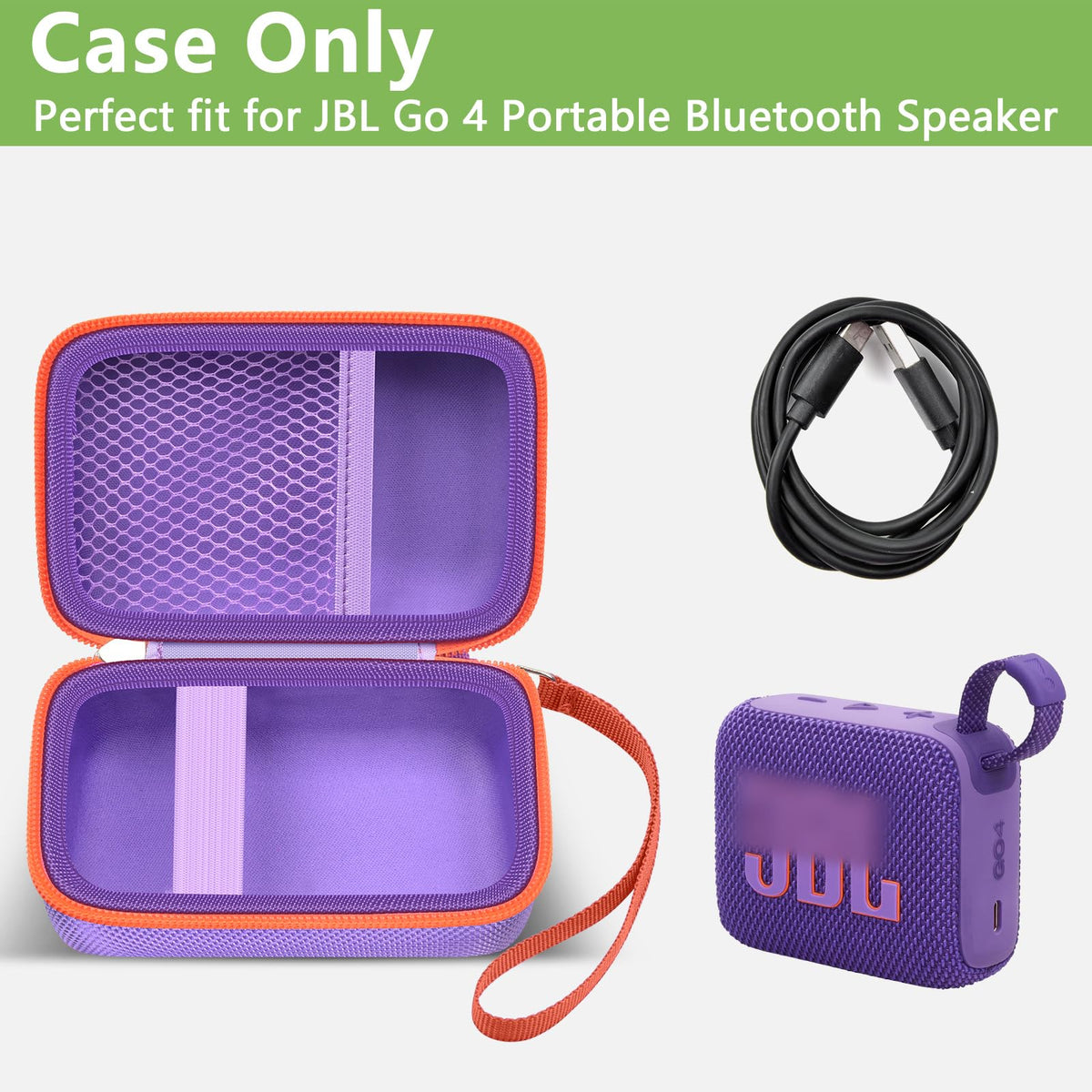 Open purple and orange for JBL Go speaker case with mesh cable pocket and elastic retaining strap; case only