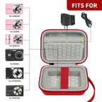Open red compact camera case shown with compatible for Kodak, for Canon, and for Sony cameras