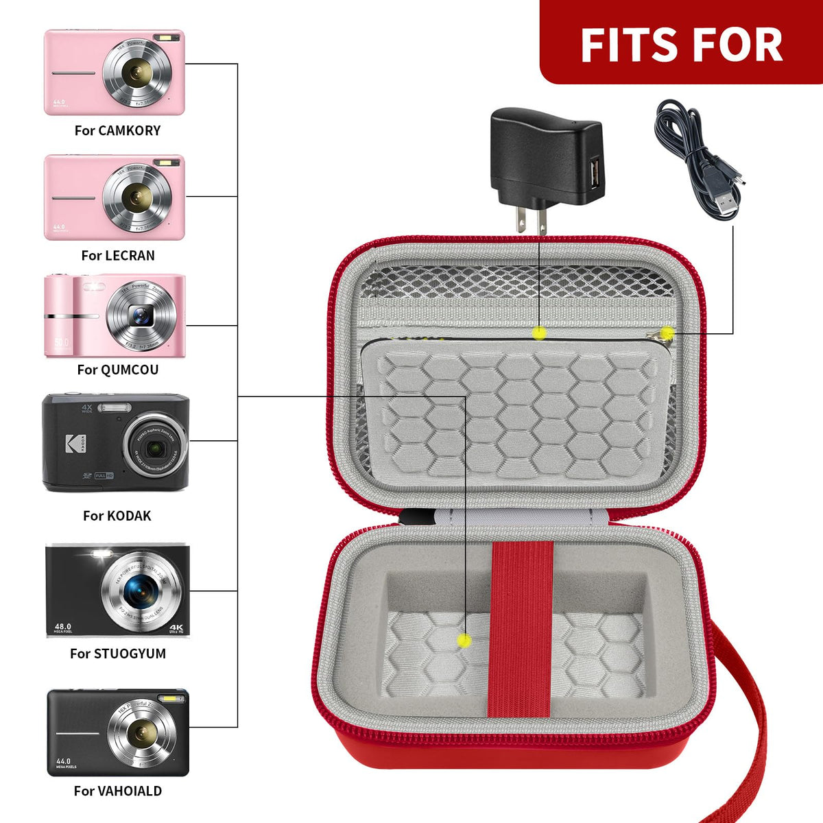 Open red compact camera case shown with compatible for Kodak, for Canon, and for Sony cameras