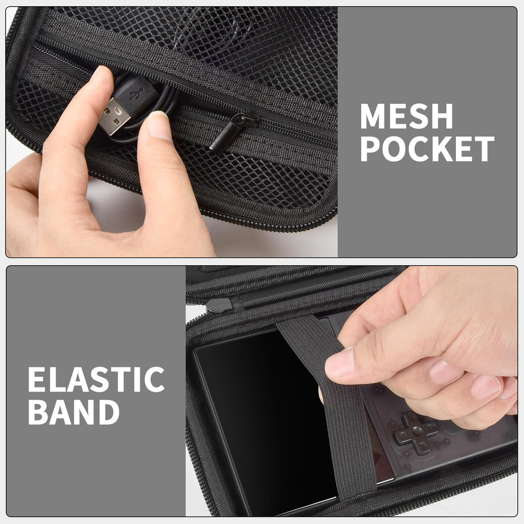 Black retro handheld console carrying case for R36MAX and R36 PRO mesh cable pocket and elastic console strap interior