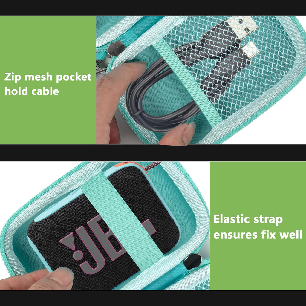 Mint green speaker case interior with mesh cable pocket and elastic strap holding a for JBL Go speaker