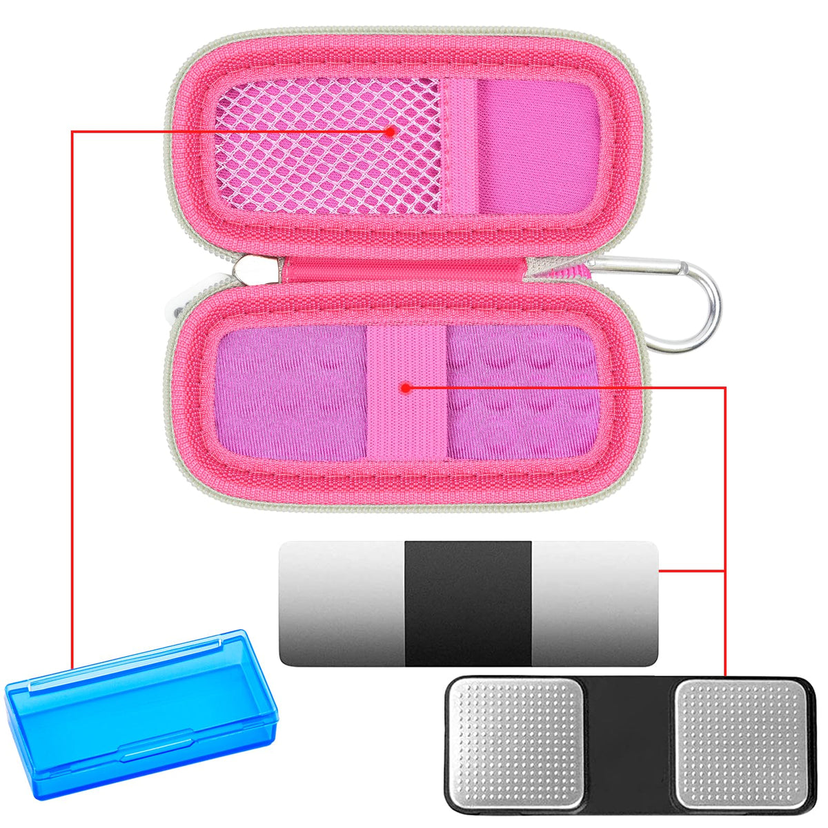 Open pink for KardiaMobile case with mesh pocket, sensor area, and accessory compartments