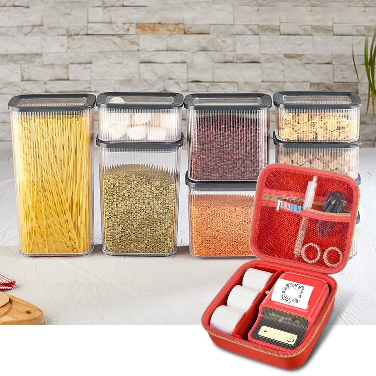 Open red for NIIMBOT label maker case organizing a printer and accessories in a kitchen
