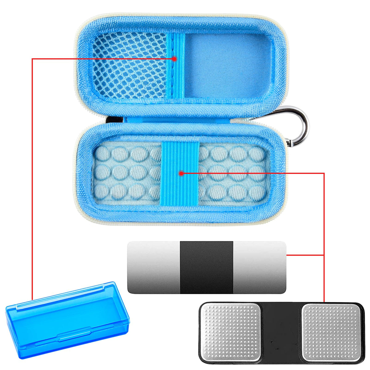 Open blue for KardiaMobile case with mesh pocket, sensor area, and accessory compartments