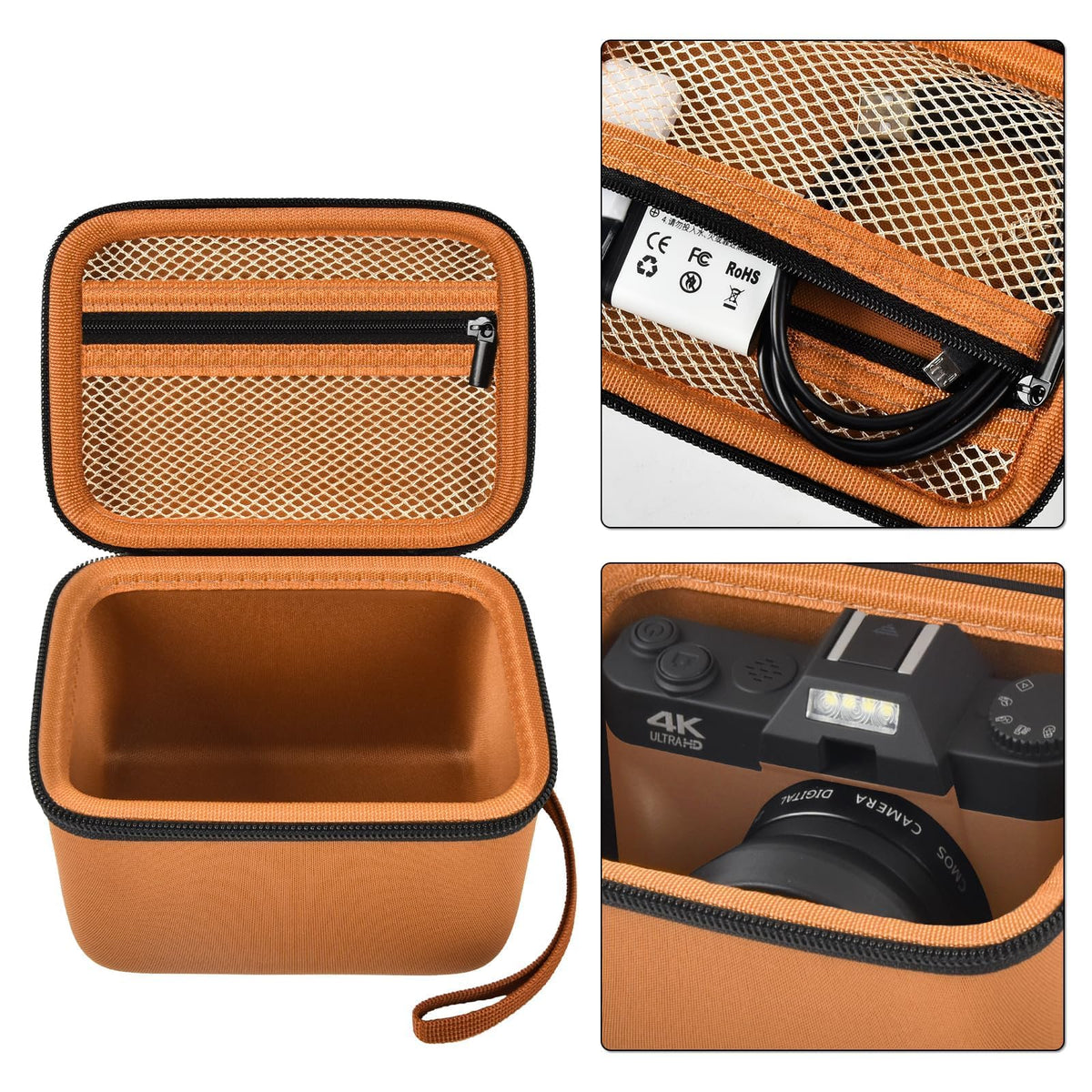 Orange camera organizer interior with mesh accessory pocket and padded divider