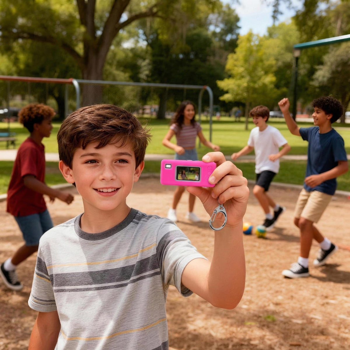 Hot pink silicone case for Kodak Charmera keychain camera shown with a child using the keychain camera outdoors