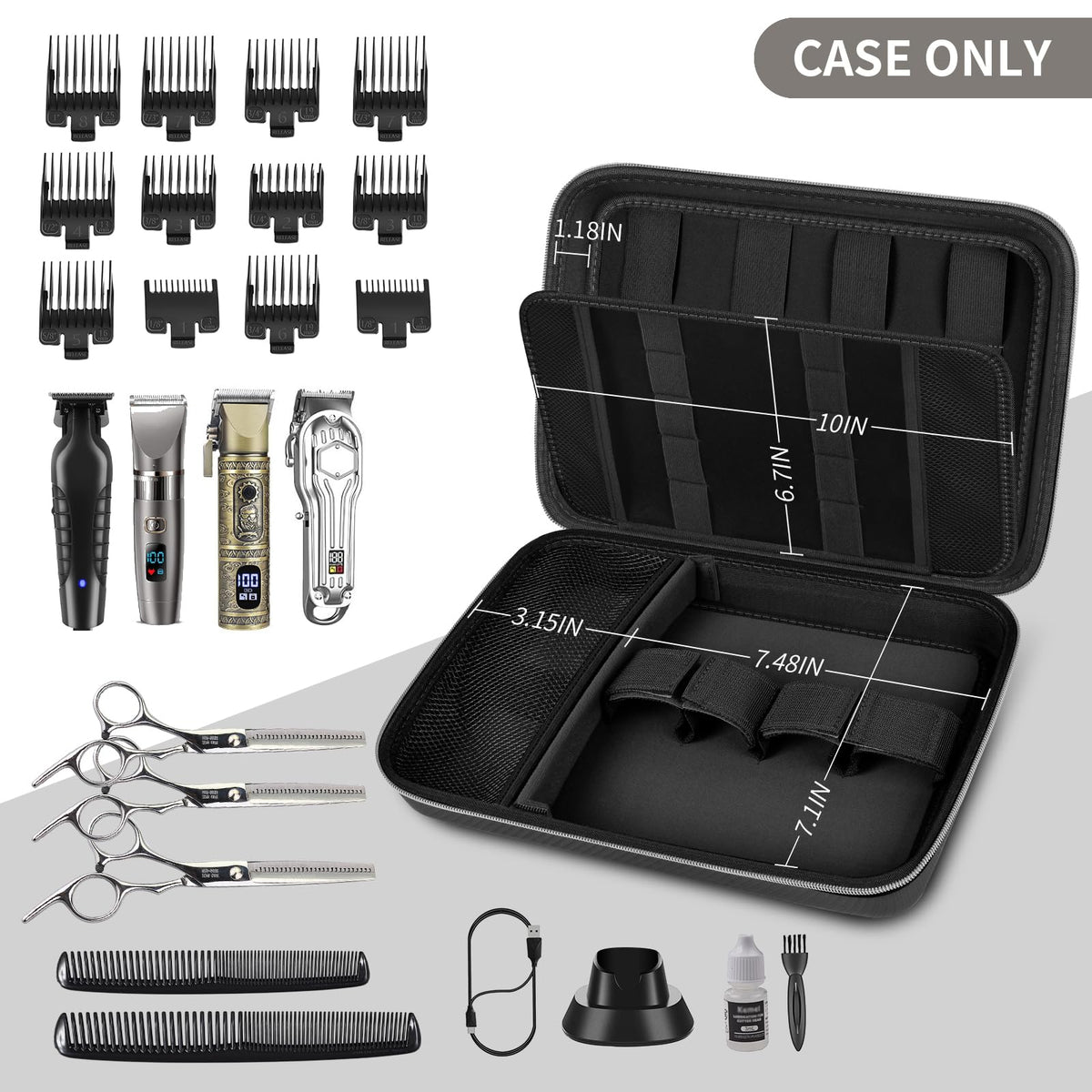 Open black professional clipper case with elastic tool loops and grooming accessories; case only