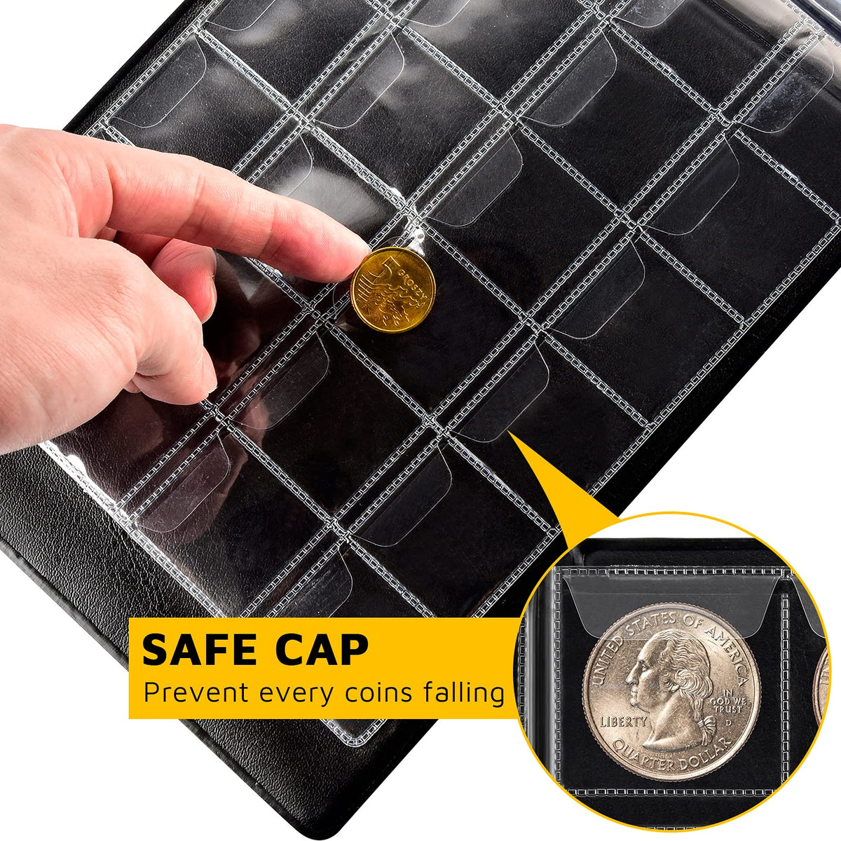Protective pocket flap securing a coin inside the collection album
