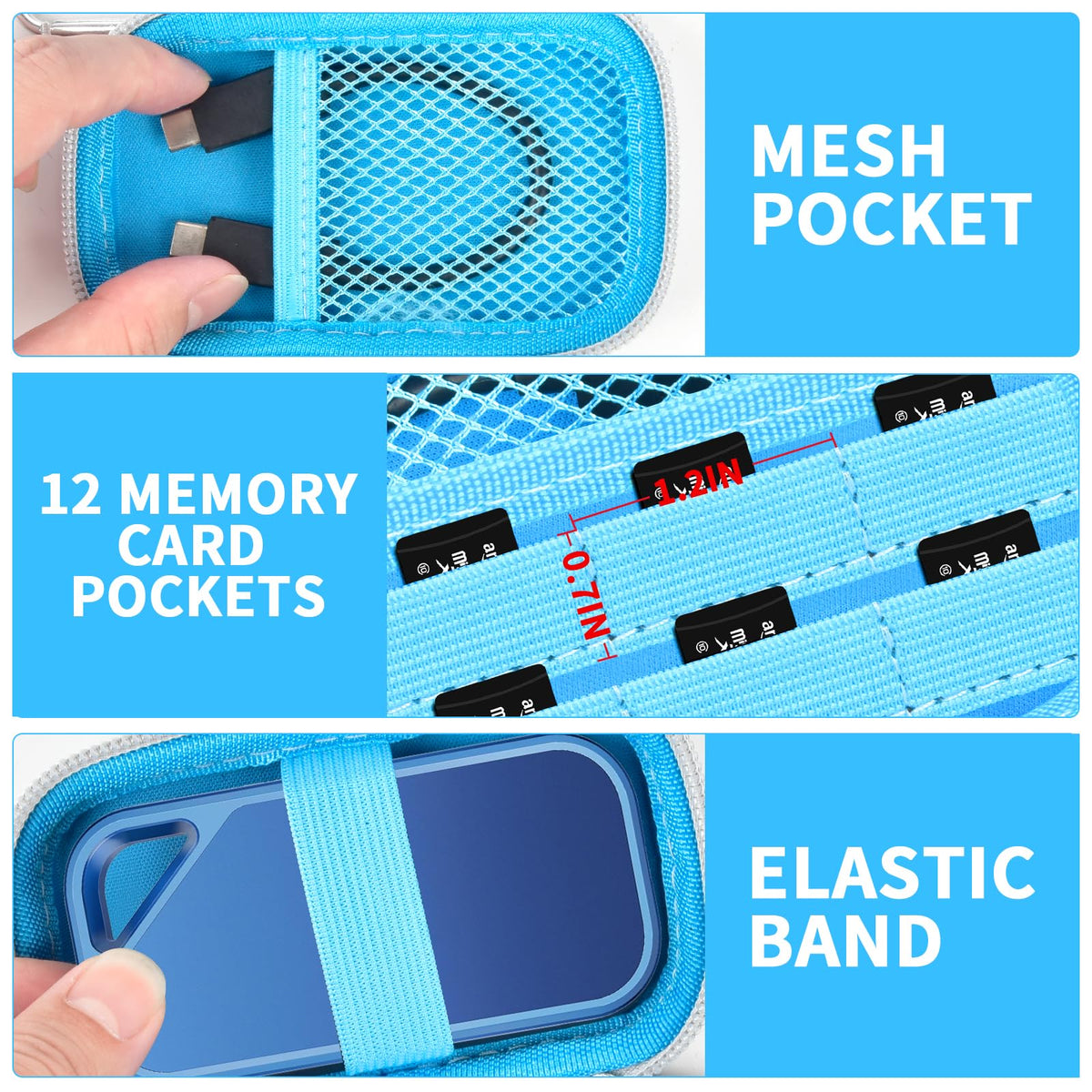Blue SSD case interior organizing a portable drive, cable, and memory cards