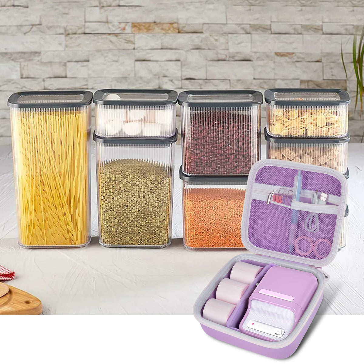 Open purple for NIIMBOT case organizing a label maker and accessories in a kitchen
