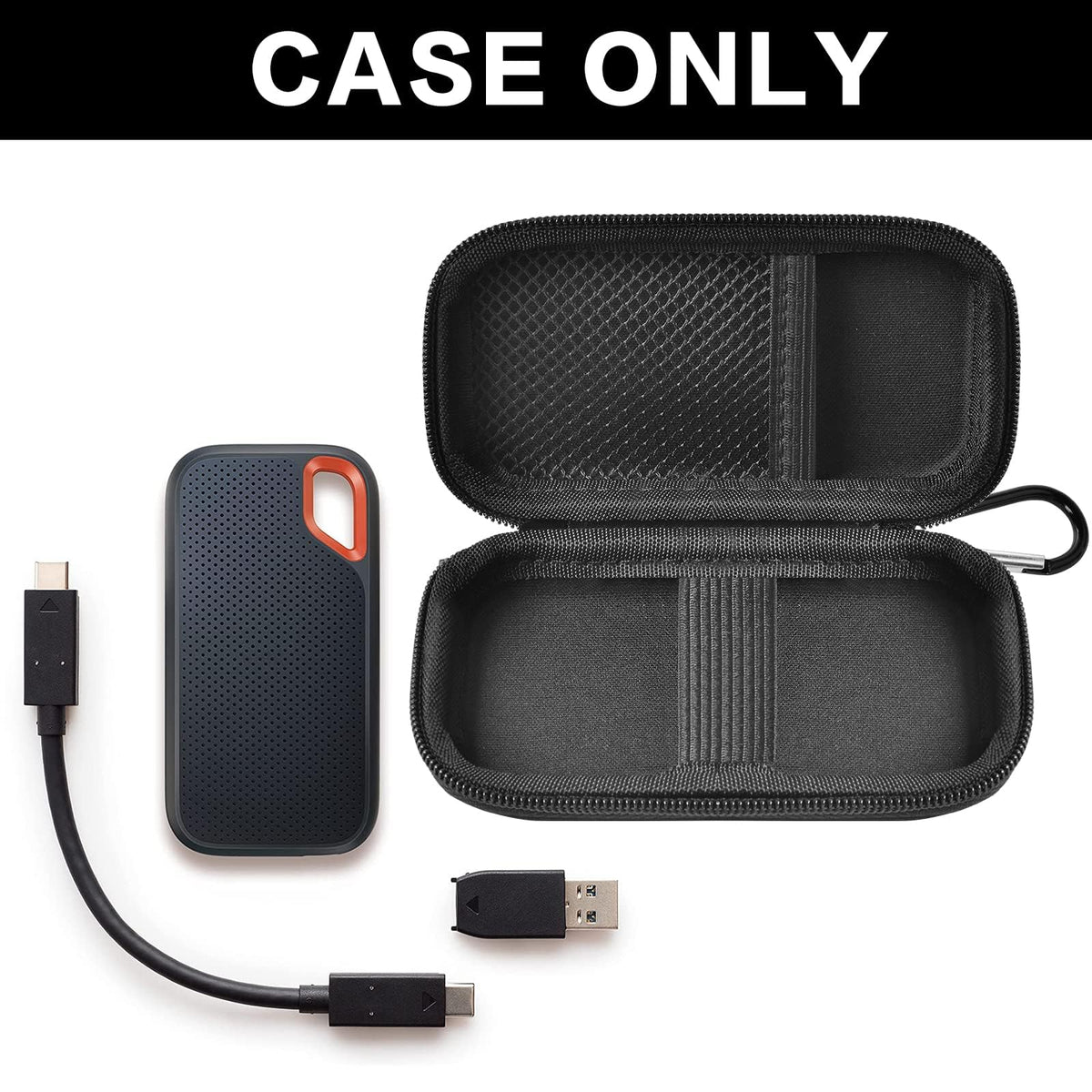 Open black for SanDisk SSD case with portable drive and cable; case only